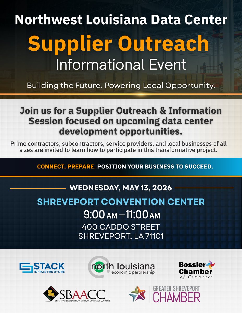 theNLEP's tweet photo. FINAL REMINDER: Join us THIS WEDNESDAY, May 13, for the Northwest Louisiana Data Center Supplier Outreach Event.

Learn more about upcoming opportunities connected to North Louisiana’s growing data center industry.

📍 Shreveport Convention Center
🕘 9–11 AM https://t.co/z0uWAsQhsa