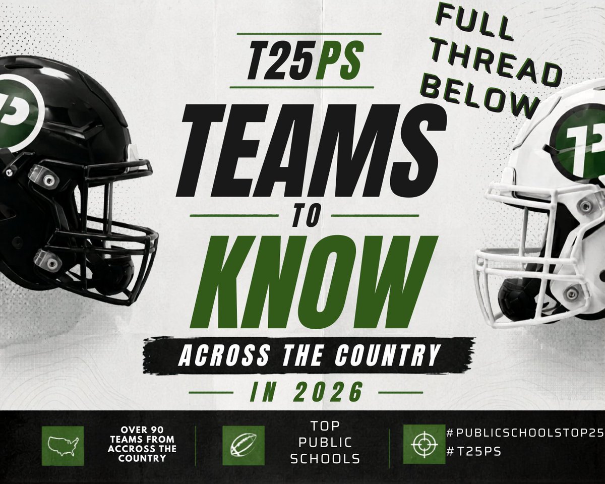Top25PublicHSFB's tweet photo. 2026 TEAMS TO KNOW — FULL THREAD BELOW 

We’re spotlighting 90+ top public school football programs from across the country that deserve national attention heading into 2026.

Our goal: bring more exposure to deserving programs and give fans, players, and coaches a look at who they should be paying attention to heading into 2026.

👇 Full thread below

#PublicSchoolsTop25 #T25PS