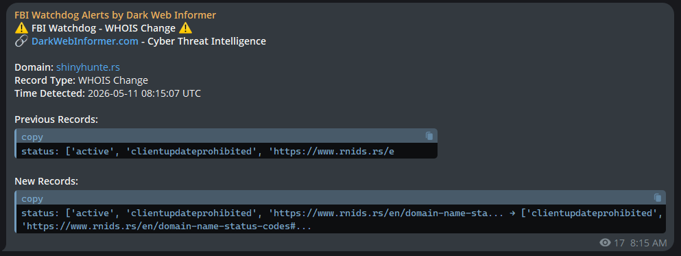 DarkWebInformer's tweet photo. ‼️ Possible ShinyHunters clearnet domain seizure as of about 7 hours ago detected by my FBI Watchdog script.

Site is currently down. https://t.co/K9HWQMc4JM