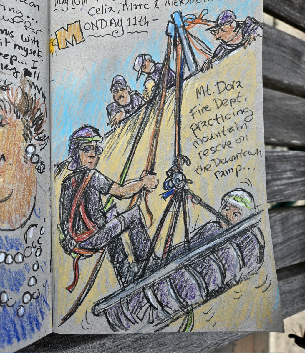 Avidor's tweet photo. I always like to capture action in my journal. The awesome Mount Dora Fire Department was practicing a rescue and I got to sketch it. It's reassuring that Mount Dora has a well-trained mountain rescue team! https://t.co/U3WTG4ZoEN