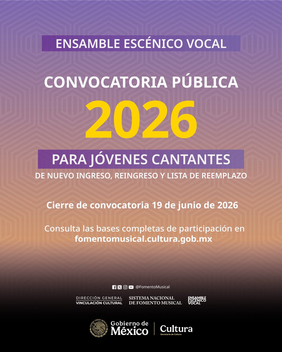 FomentoMusical's tweet photo. Si cuentas con formación en canto y buscas experiencia profesional en escenario, esta convocatoria es para ti. Consulta las bases completas y forma parte del Ensamble Escénico Vocal. 

👉 https://t.co/08t7UCmEif https://t.co/7mXmADcjmF