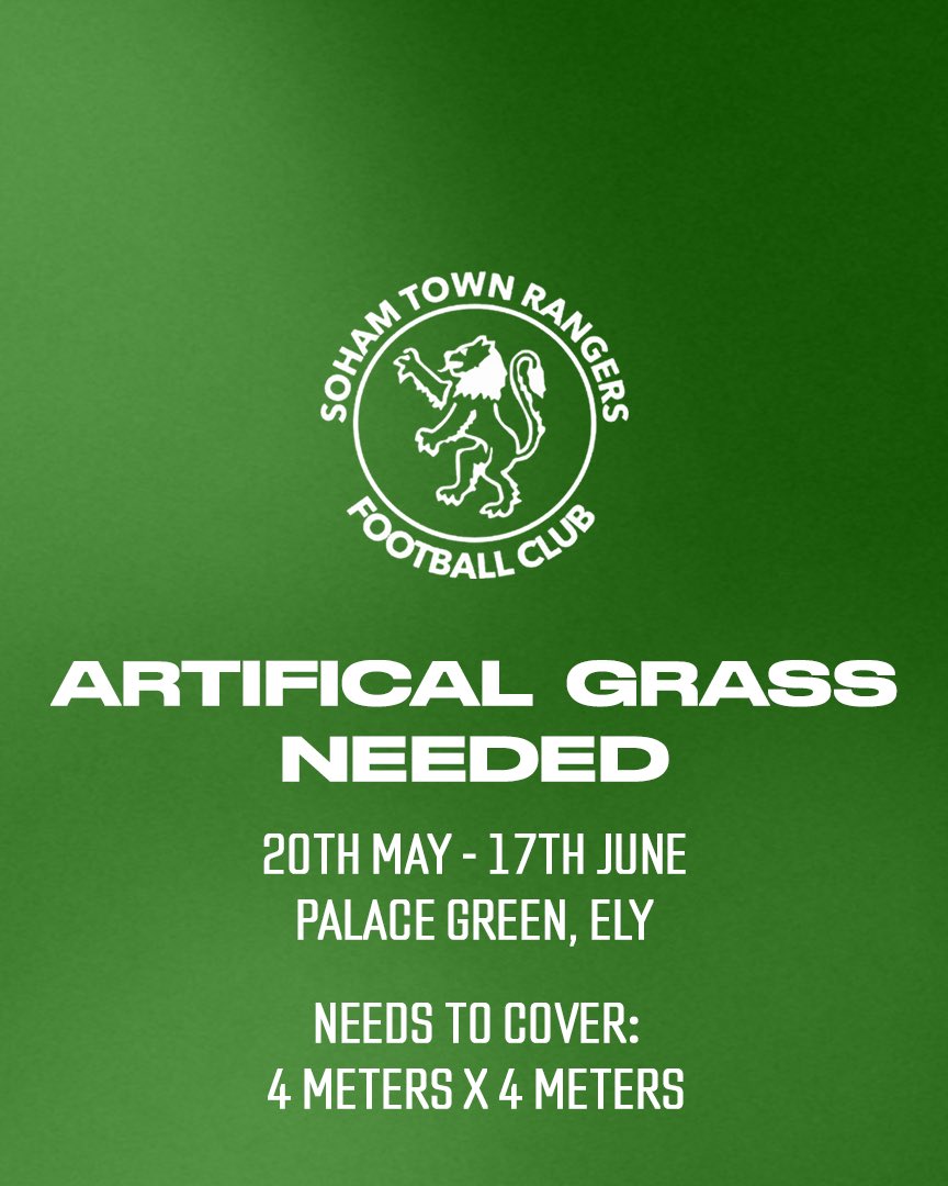 SohamTownRanger's tweet photo. 🚨 ARTIFICIAL GRASS NEEDED 🌱

We are looking to borrow some artificial grass for the Knife Angel project at Palace Green in Ely between the dates of 20th May-17th June! 😇

We need it to cover a 4mx4m space. If you think you can help, please message us! 🙌

#STRFC https://t.co/8ZYJ7kODJE