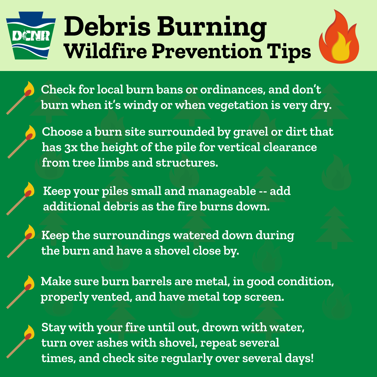 DCNRnews's tweet photo. 99% of all wildfires in Pennsylvania are caused by human activity, most commonly debris burning.

Preventing wildfires isn't just the responsibility of firefighters — it's something every Pennsylvanian can contribute to. https://t.co/8uUnWBFjm5