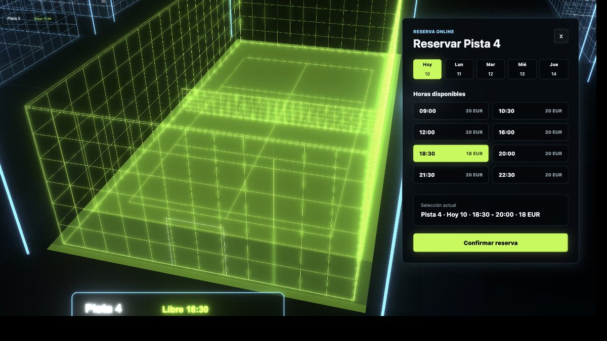leoynick's tweet photo. El pack 'Sport' me está gustando bastante. 

un club pueda enseñar pistas en 3D, elegir hora y reservar con gusto. 

Está prototipado con Three.js + HTML/CSS/JS. https://t.co/1r3ISpNlbp