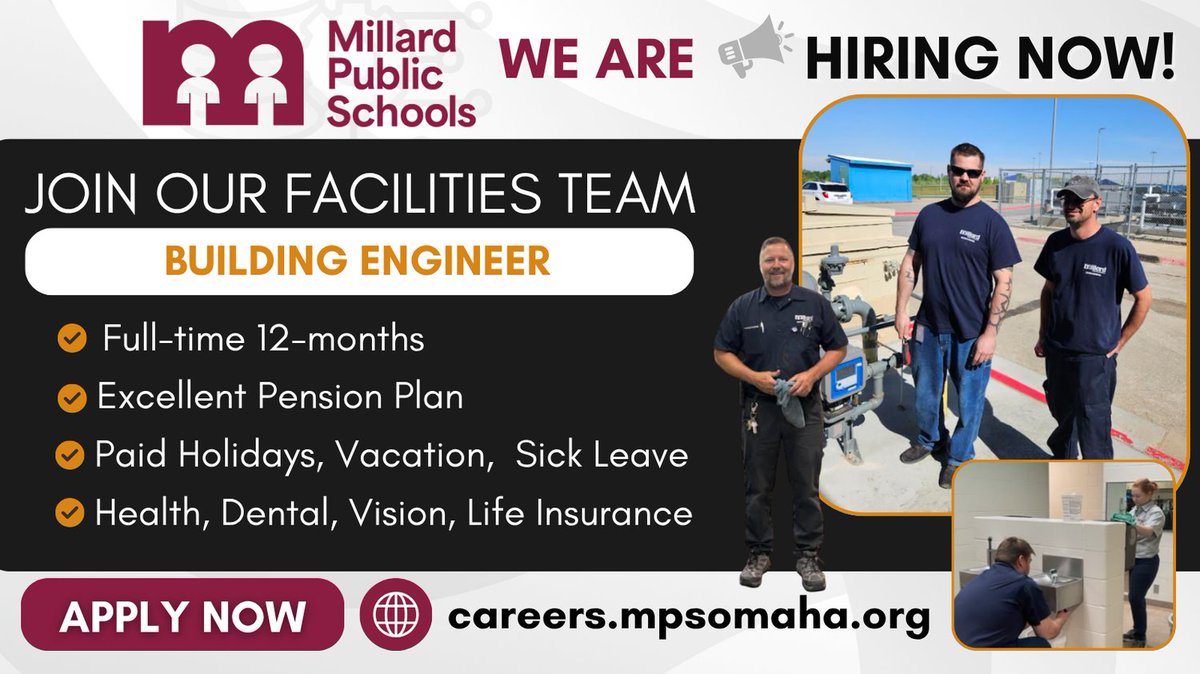 MPSHR's tweet photo. Now hiring: Building Engineer at Beadle Middle School. Help support school operations through preventative maintenance, inspections, minor repairs, and equipment care.

Mon-Fri | 5:30 AM-2:00 PM
#SHINEwithMPS https://t.co/wYZp7wUqrM