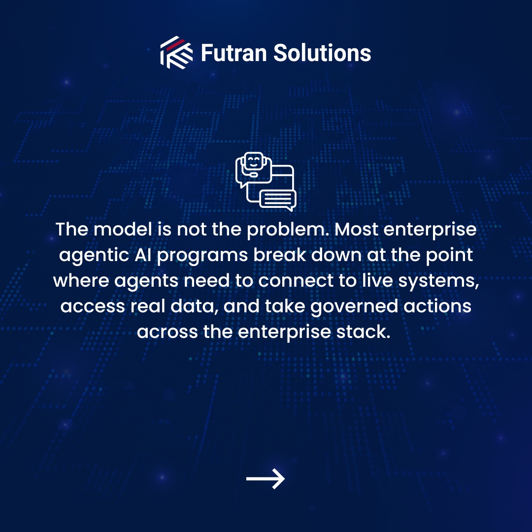 FutranSolutions's tweet photo. The integration layer is where enterprise #agenticAI programs succeed or stall. Governed runtimes and standardised protocols are the 2026 differentiator. Follow us &amp; Visit: https://t.co/iKihjaSdBq

#ModelContextProtocol #AIArchitecture #EnterpriseAI #AIGovernance #FutranSolutions https://t.co/L8au6VCvQX