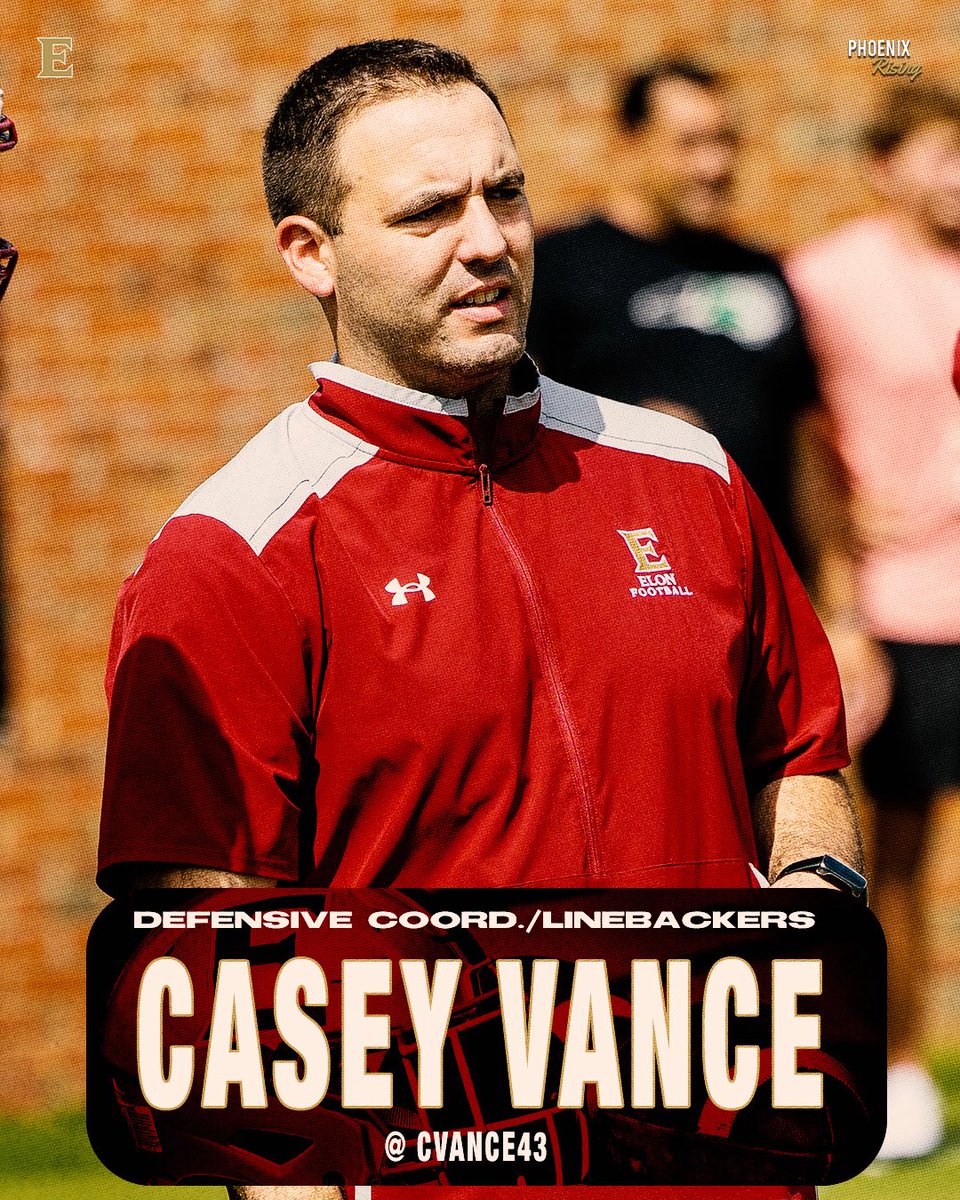 ElonFootball's tweet photo. Coaches Spotlight.

Take a look at Defensive Coordinator and Linebackers Coach, Casey Vance. 

Look out for Coach Vance on the road recruiting this week! 

#PhoenixRising | #AED https://t.co/zM9YmXJaS7