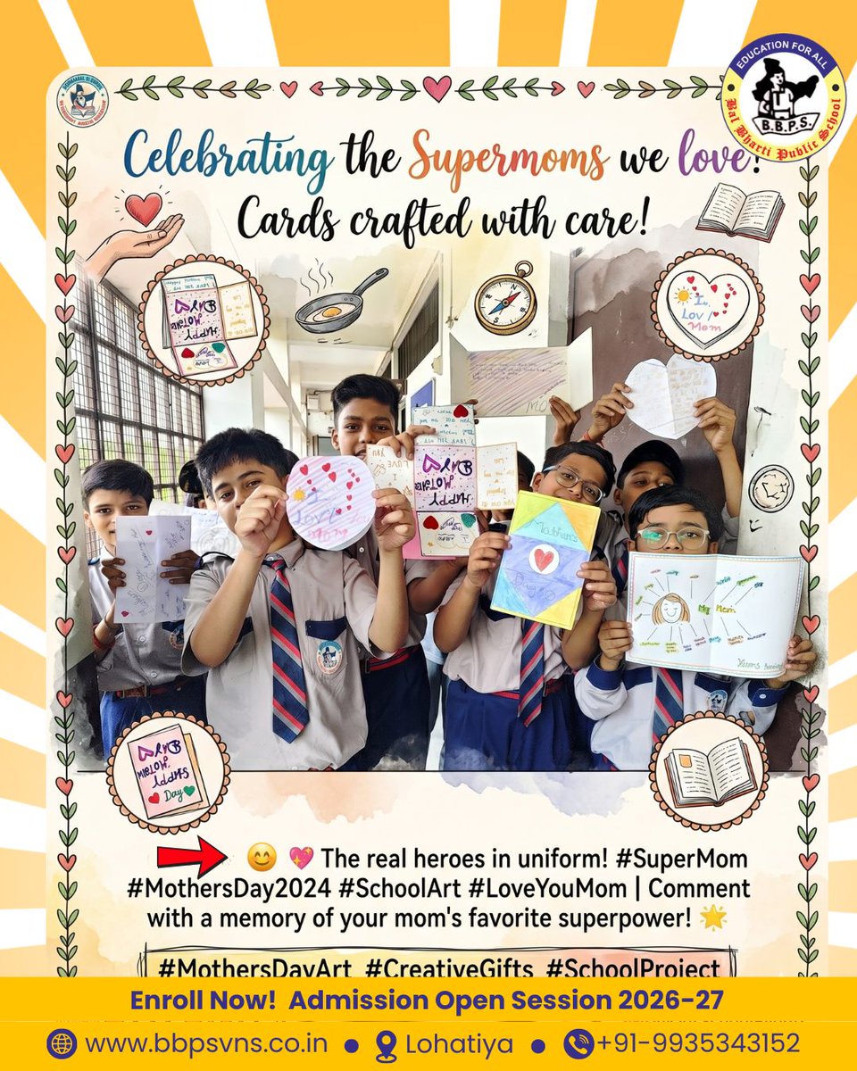 BalBhartiPublic's tweet photo. Celebrating the Supermoms We Love!Our talented students expressed their love and gratitude through beautiful handmade cards dedicated to their mothers. ❤️🎨
#SuperMom #CreativeActivity #SchoolArt #StudentCreativity #HandmadeCards #LoveYouMom #BalBhartiPublicSchool #BBPSVaranasi https://t.co/QJ1QWp7tUF