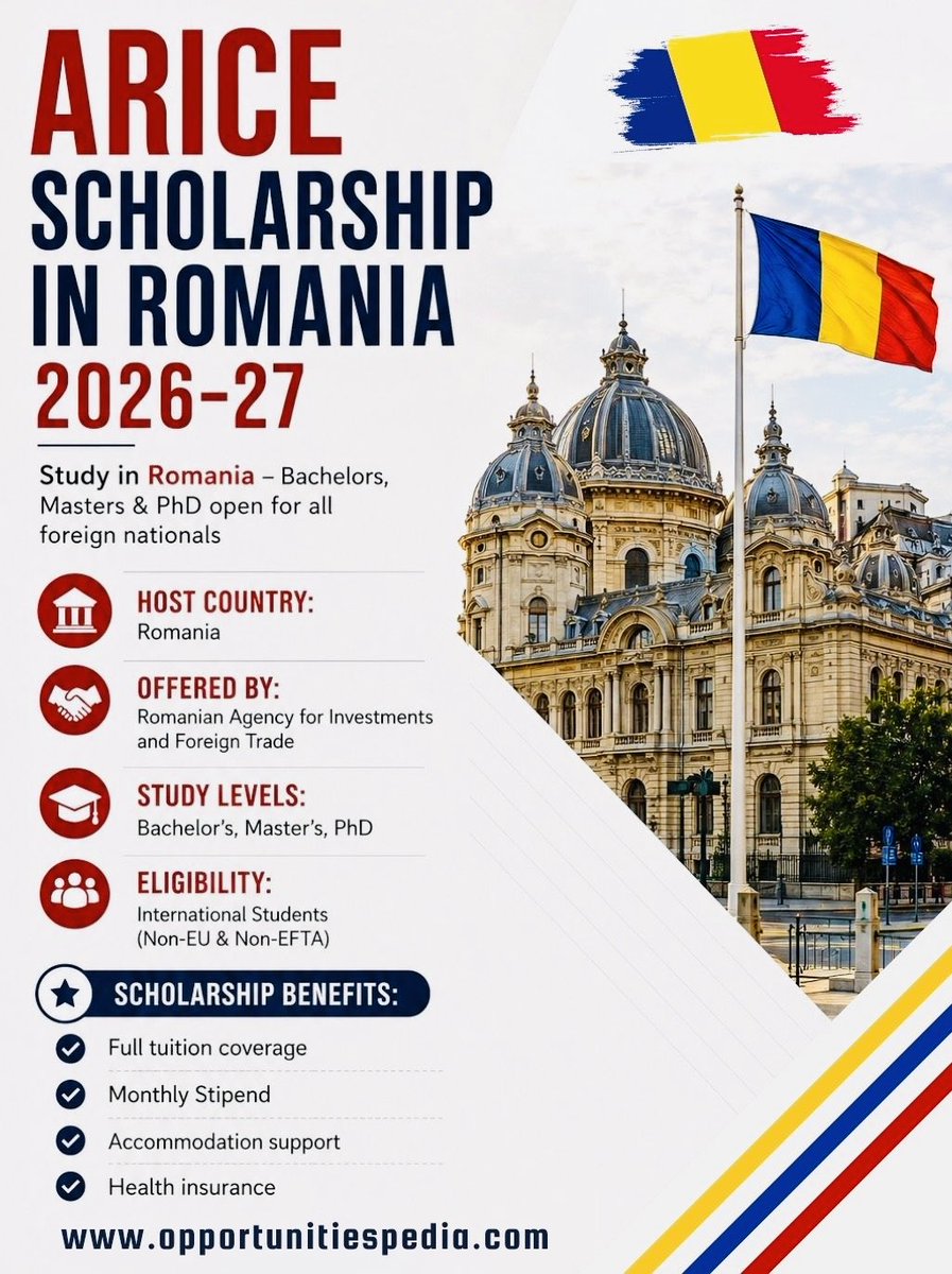 Opedia3's tweet photo. Study in Romania on a Fully Funded Scholarship 2026!

Applications are now open for the ARICE Scholarship 2026-27 for foreign nationals.

Degree Levels: Bachelors, Masters & PhD
Open to: All Nationalities
Deadline: 12 June 2026.

Scholarship Benefits:
▪ Full Tuition Fee
▪ Monthly Stipend
▪ Accommodation
▪ Health Insurance
▪ Other Study-Related Costs

Details link: https://t.co/1m6MdbUc1b

#OpportunitiesPedia #RomaniaScholarships #FullyFunded #ARICE2026 #StudyAbroad #Scholarships2026