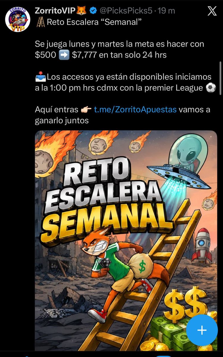 reypicks1up's tweet photo. 🔥 EL RETO ESCALERA DEL ZORRITO YA ESTÁ LISTO 💸📈

Después de cómo viene pegando, muchos no quieren quedarse fuera 🚨👀

Si quieren que salga GRATIS, hagan ruido YA 😮‍💨🔥

❤️🔁 +200 ME GUSTA y RT y se los liberamos

DISPONIBLE:
🔗🔥📲 https://t.co/yh6834NIsv https://t.co/7Y1Lpq5aRW