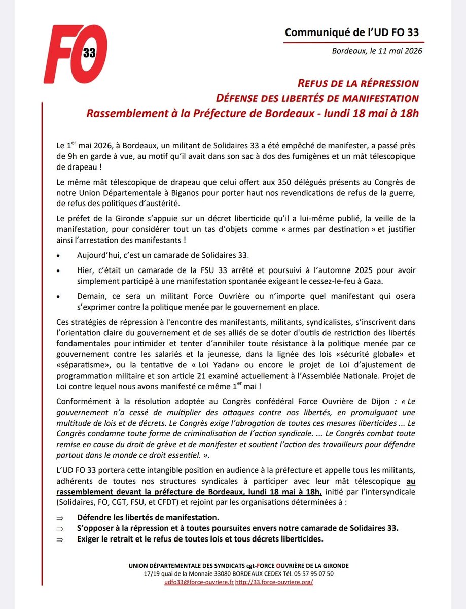 UD_FO_33's tweet photo. En défense des libertés de manifestation ! 
Contre la répression !
Rassemblement lundi 18 mai 18h devant la préfecture de Bordeaux https://t.co/VKfM7Aw9FM