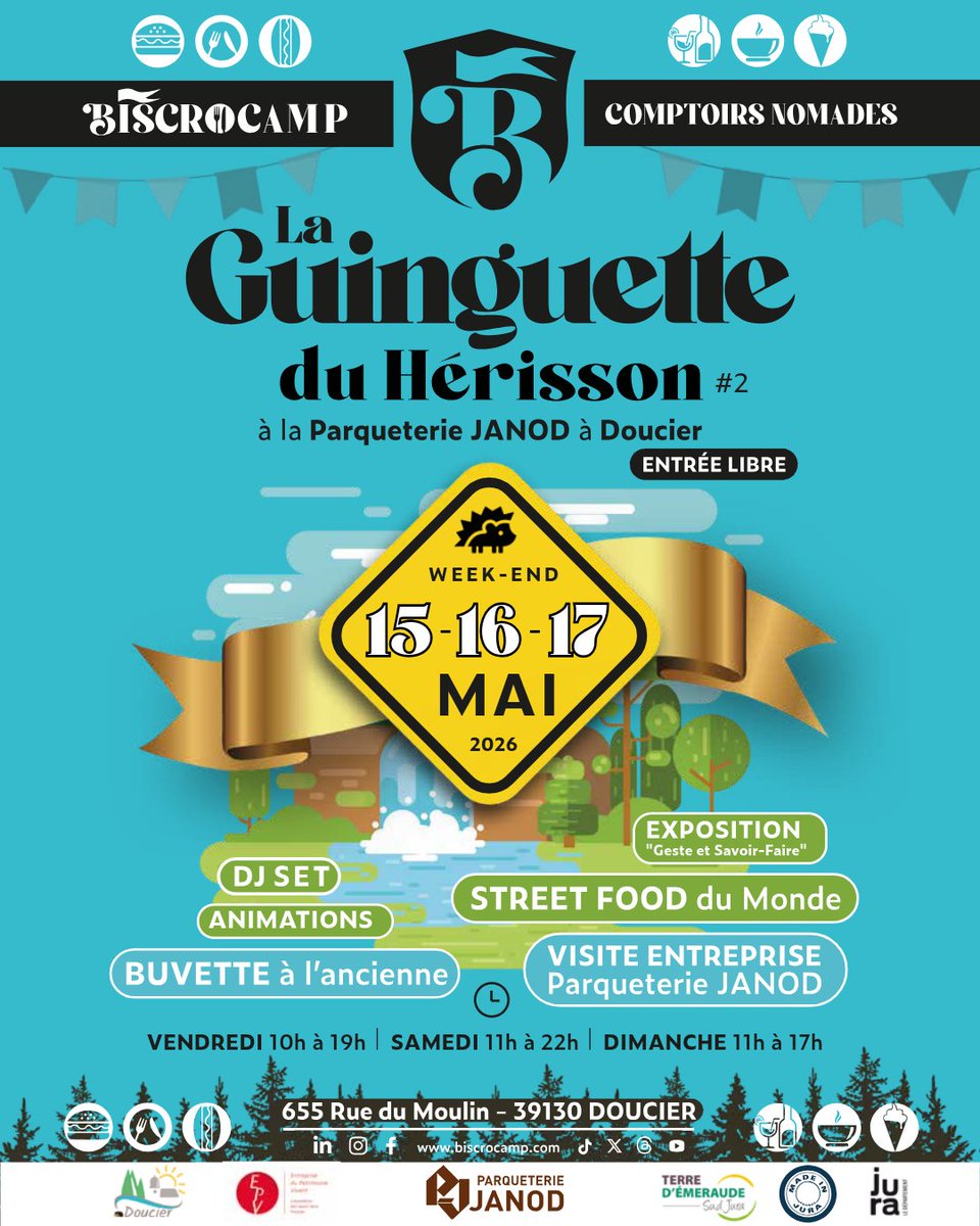 biscrocamp's tweet photo. La GUINGUETTE du HÉRISSON revient à Doucier !
3 jours de fête autour de la gastronomie &amp; du patrimoine.
 
Un lieu de vie festif éphémère au cœur d’un site extraordinaire…Tu viens ?  

📍 655 Rue du Moulin, Doucier (Jura)
✅ Entrée gratuite

ℹ️ https://t.co/WefqK6iEOR https://t.co/zZufpkdoDF