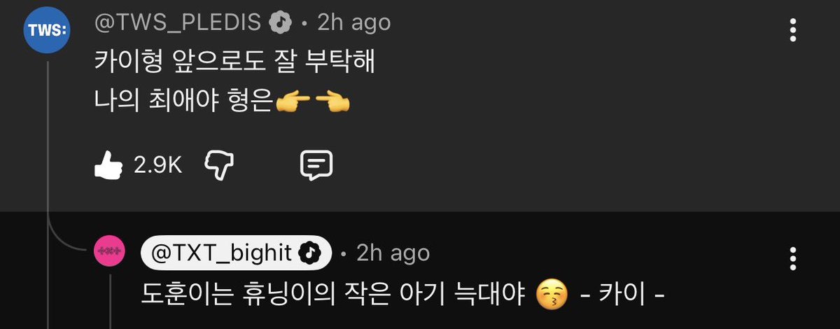 tws dohoon commented on episode 5 of ‘huening kai’s countless friends’

👤💬 kai hyung, please look after me in the future too
you’re my bias, hyung 👉👈
🐧💬 dohoon is huening’s small little baby wolf 😚 - kai -