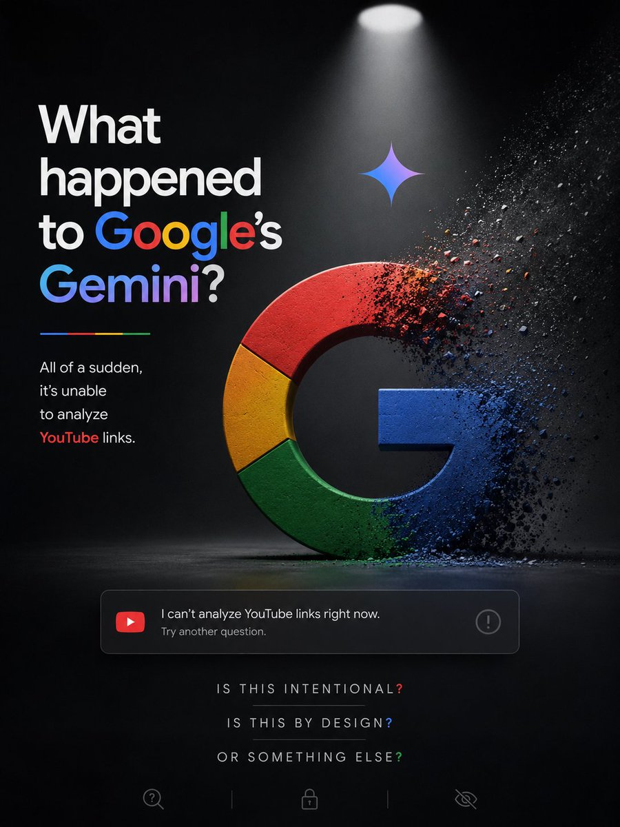 Countergrind's tweet photo. Anyone else experiencing issues with Google Gemini analyzing YouTube links? Did Gemini just get nerfed? https://t.co/cQTUkOFzUP