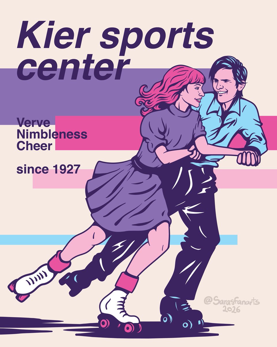 sarasfanarts's tweet photo. MARKHELLY WEEK DAY 2: “sports” 

I honestly had started with a normal illustrated scene, but then I thought how much I love making Lumon-esque posters and decided to turn it into one! 🛼

#severance #markhellyweek https://t.co/Gc5wLQHJG1
