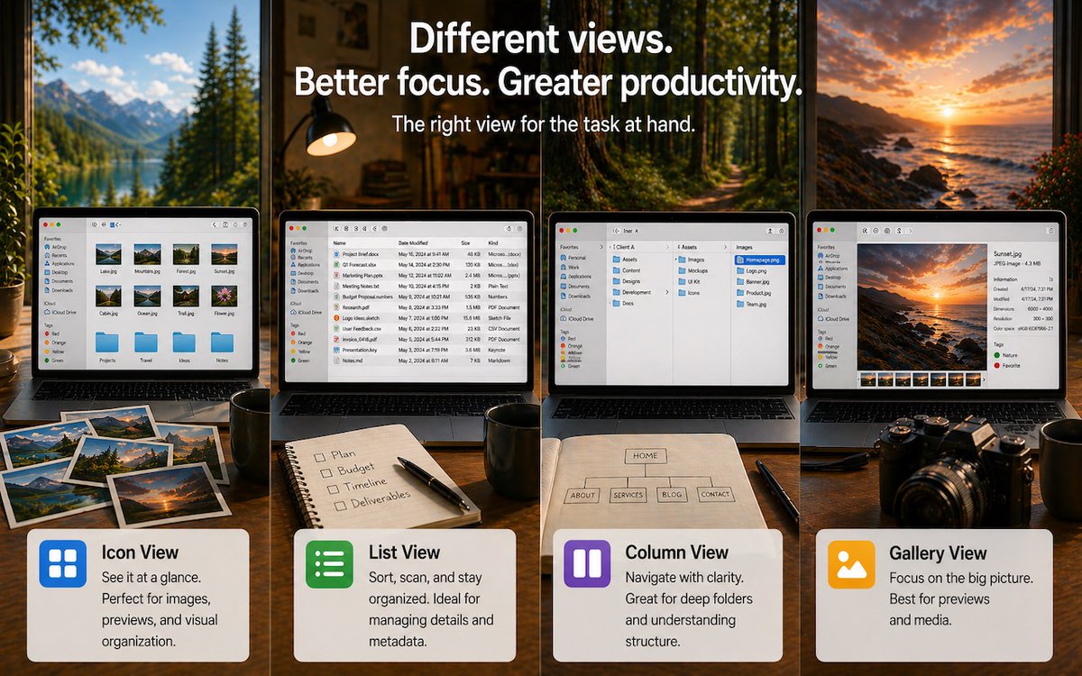 MacTLC's tweet photo. Icon, List, Column, or Gallery? Each Finder view has its strengths. Match the right view to your task and spend less time wrestling with your files. Read more here: https://t.co/ab5LrY74Dg https://t.co/OYTeFDUYLl