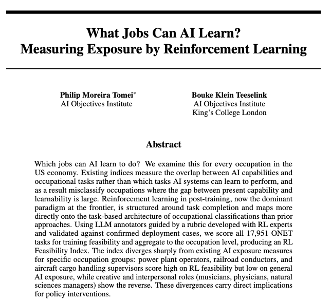 synchroaphasia's tweet photo. how hard is it to post-train on your job? We calculate this for every job in the US economy. 

re-evaluating existing measures of AI exposure across the US labour market based on RL scaling paradigms. In a new paper with @BKleinTeeselink https://t.co/69vbgtxAmF