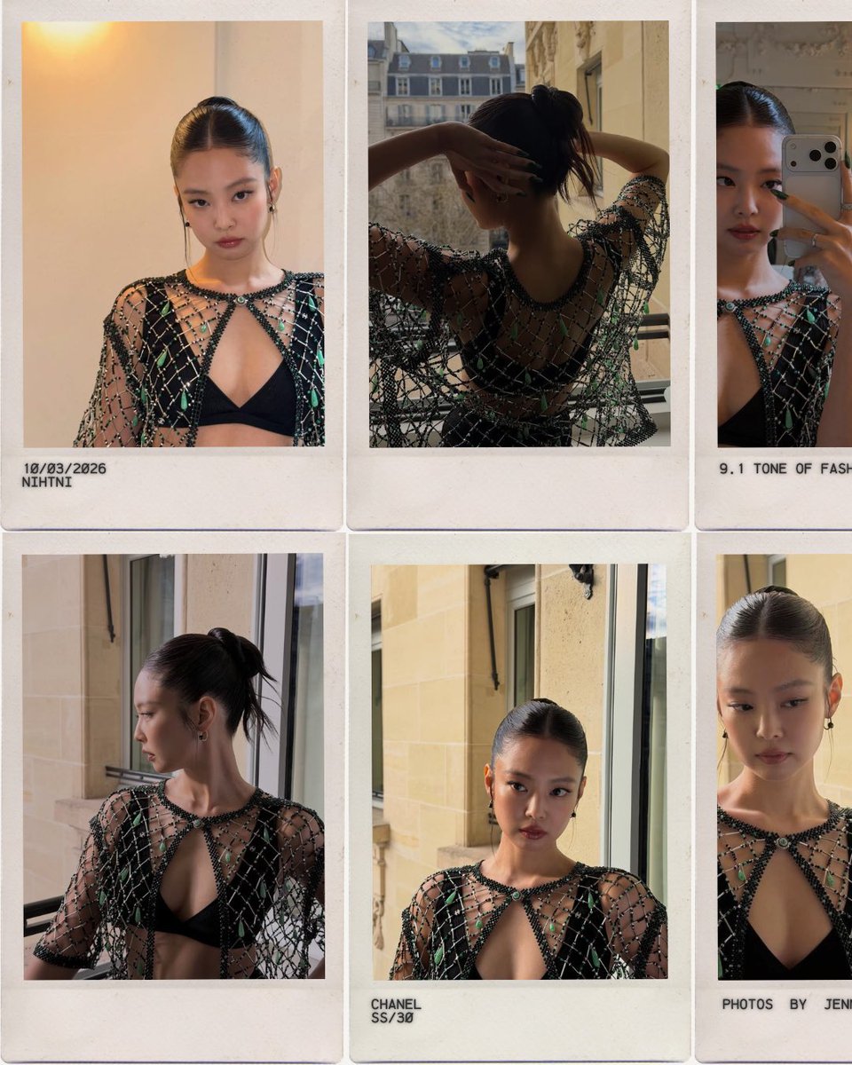 Jehtnie's tweet photo. Caught mid transformation between girl and myth. Chanel SS/30 clings like second skin black net, emerald constellations, cutouts that dare the eye to look away. Paris in March is cruel and tender at once cold wind, warm light, the smell of rain that never quite falls. https://t.co/itZA0EHvI3