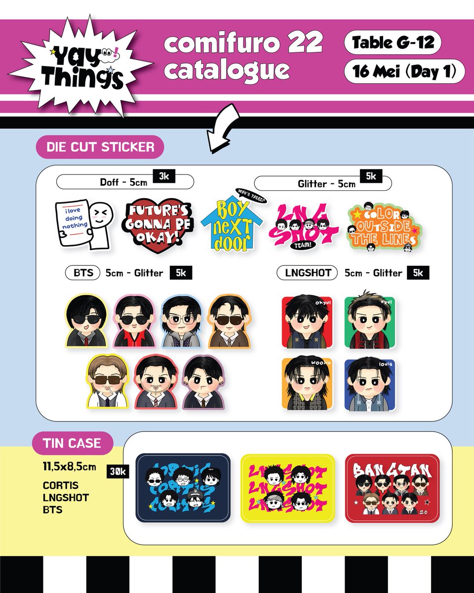 yaythings_'s tweet photo. Yay Things CF22 Catalogue✨

🗓️ 16 Mei 2026 (Day 1)
📍 ICE BSD, Table G-12

Open pick up CF22 &amp; mail order
• Pick up : 11-14 Mei 
• Mail order : 10-25 Mei

Form : https://t.co/mIDLSmnZpn

#CF22 #Comifuro22 #comifurocatalogue 

(1/3) https://t.co/k5WBTaNOLd