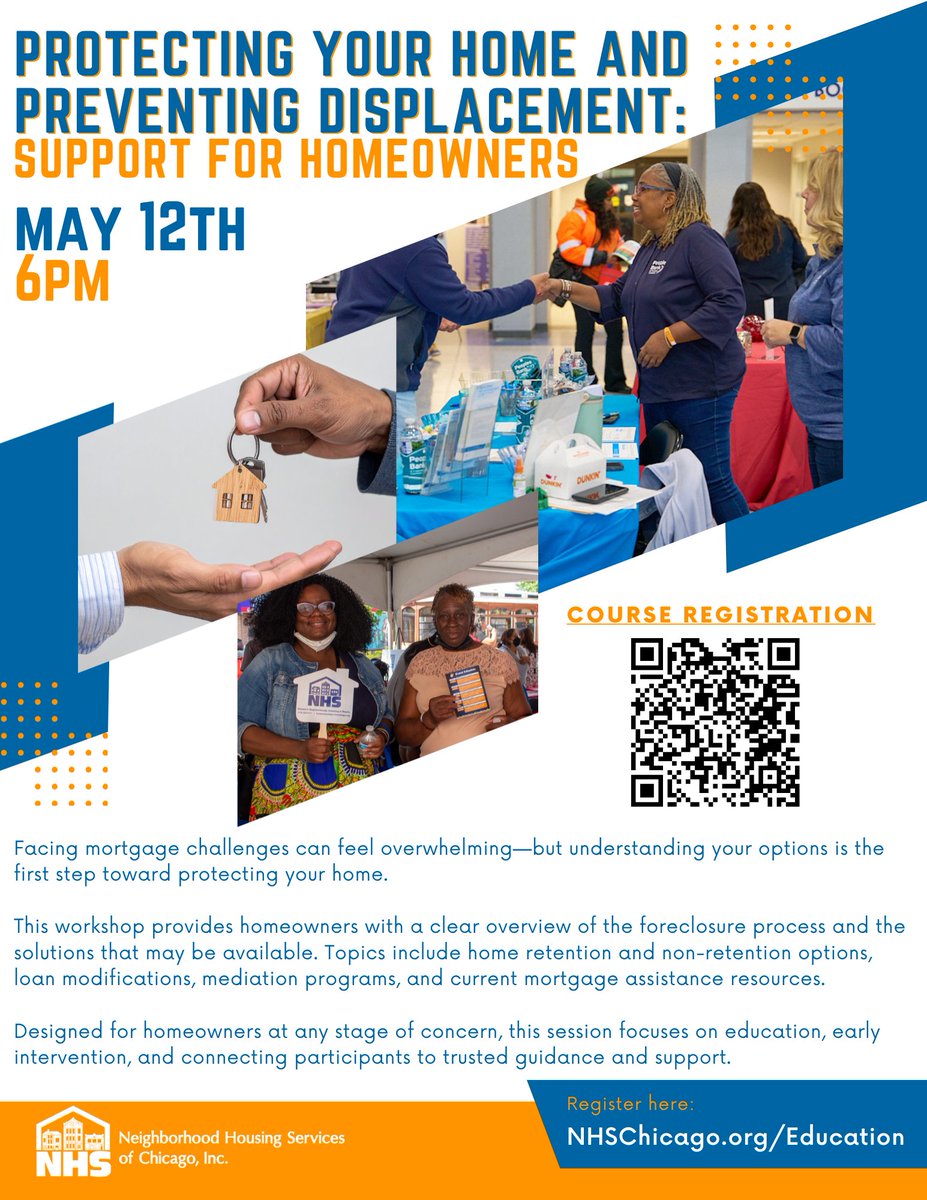 NHSChicago's tweet photo. Homeownership comes with challenges. Don’t navigate them alone! 🏡

Join NHS Chicago on May 12th at 6PM for “Protecting Your Home and Preventing Displacement: Support for Homeowners,” a workshop designed to help homeowners better understand foreclosure prevention, loan modification options, mediation programs, and available mortgage assistance resources.
Whether you’re facing financial hardship or simply want to stay informed, this webinar will connect you with trusted guidance, education, and support to help protect your home and plan your next steps with confidence.

Register today: https://t.co/UJyPZQeCBd 

#NHSchicago #HomeownerSupport #ForeclosurePrevention #HousingEducation #ProtectYourHome #ChicagoHomeowners