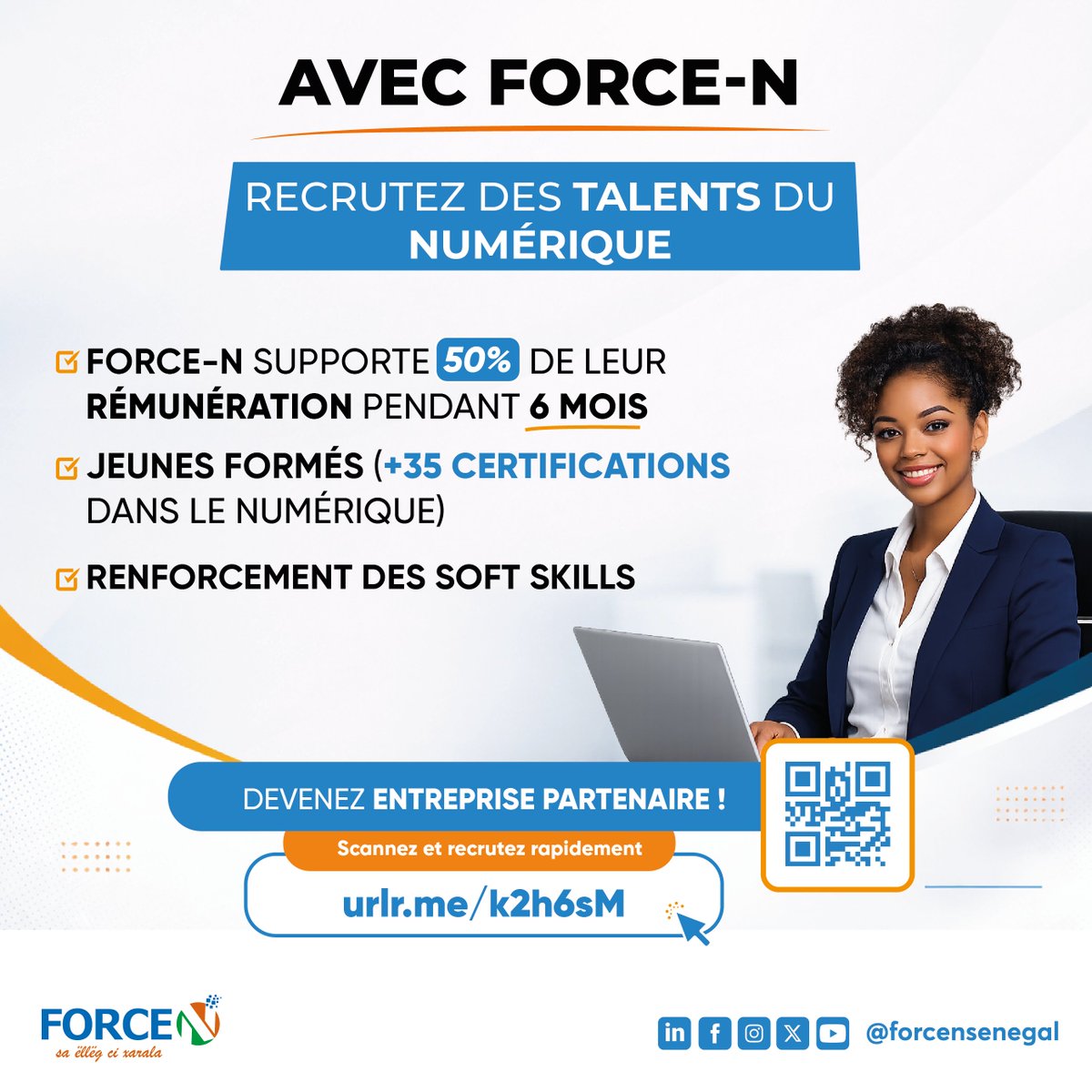 forcensenegal's tweet photo. 1/2 Recrut’Elles est un dispositif de @forcensenegal qui met en relation les entreprises avec des jeunes certifiés dans les métiers du numérique et prêts à intégrer le monde professionnel.

Rejoignez le dispositif et inscrivez votre entreprise👉🏽 : https://t.co/aHT5tKBhCW

#forcen https://t.co/gx0xuCMq2A