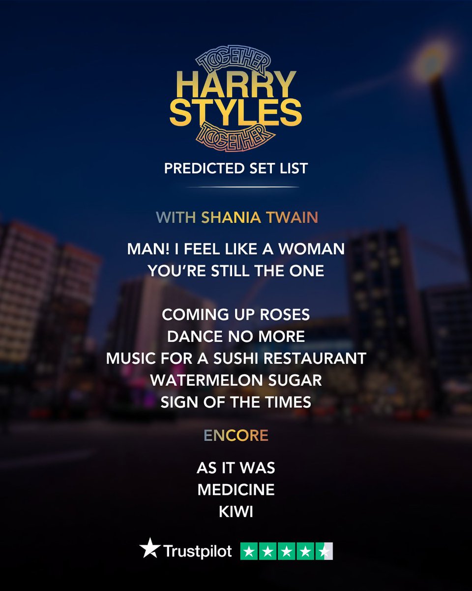 Seatloader's tweet photo. Here is our predicted set list for the Harry Styles, Together, Together Tour at Wembley this summer 🎵

A mix of old & new hits  🎶
A special duet with Shania Twain 🤩
A worthy encore 🔥

Which songs are you most looking forward to hearing? 🤔

Drop your changes in the comments 💬