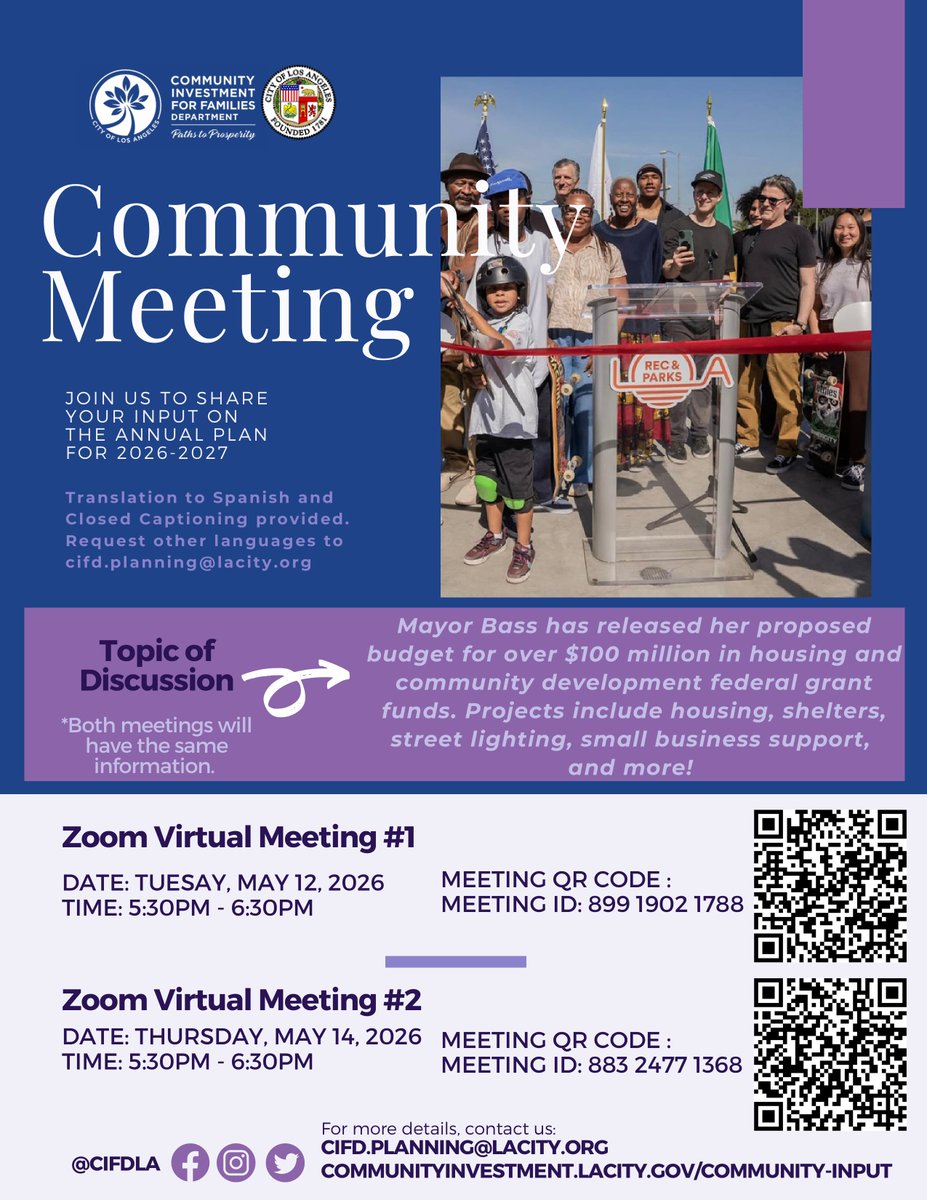 CIFDLA's tweet photo. Join us on May 12 or May 14 for a virtual community meeting to help shape funding priorities for housing and community development in our communities.

Topics include parks, shelters, small business support, neighborhood improvements, and more. Tell us what matters most to you. https://t.co/KK50fPGSQj