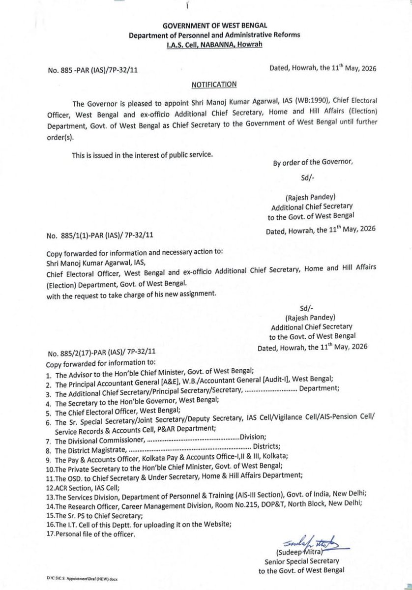 #JustIn

Senior IAS officer Manoj Kumar Agarwal (1990-batch) has been appointed as the new Chief Secretary of West Bengal.

Agarwal recently served as the state’s Chief Electoral Officer during the high-profile 2026 Assembly elections and was at the centre of discussions