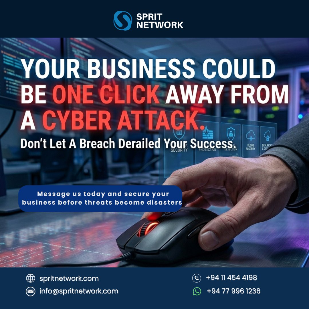 spritnetwork's tweet photo. usinesses of all sizes are targets ofr cyber threats

A single security breach can lead to:
❌Data loss
❌Financial damage
❌Downtime
❌Lost customer trust
#CyberSecurity #BusinessSecurity #ITSecurity #DataProtection #NetworkSecurity #CloudSecurity #CyberProtection #TechSolutions https://t.co/02KlS5GNM7