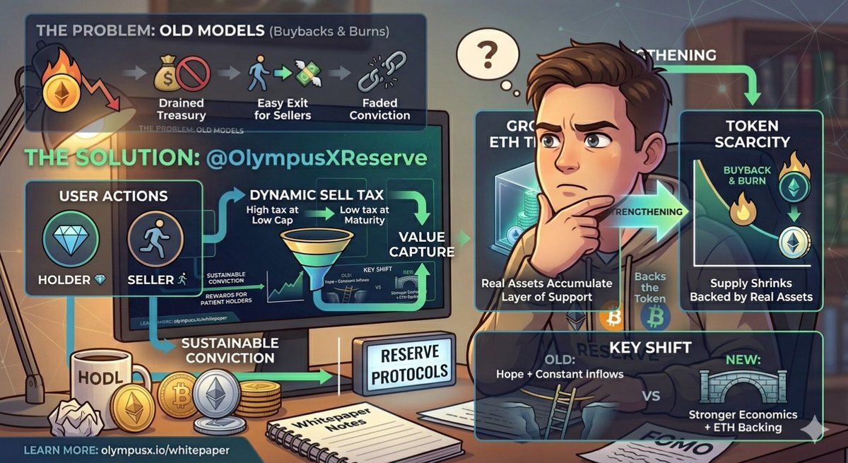 UrGoody001's tweet photo. Buybacks and burns sounded great in theory, but in practice, they usually just drained treasuries and provided exit liquidity for sellers. Most models fall apart the moment momentum fades because they weren't built to handle the "exit phase" intelligently.

@OlympusXReserve is flipping that script.

Instead of letting value leak out during sell-offs, it uses a dynamic tax—starting high to deter flippers and dropping as the protocol matures—to capture that value and funnel it into an ETH-backed treasury.

The brilliance? It doesn't just shrink supply; it builds real asset backing. It’s a shift from relying on constant new inflows to creating a system that actually gains strength when the "fast money" leaves.

If you’re tired of the pump-and-bleed cycles, this is worth a look: https://t.co/zv8wb1Ka27