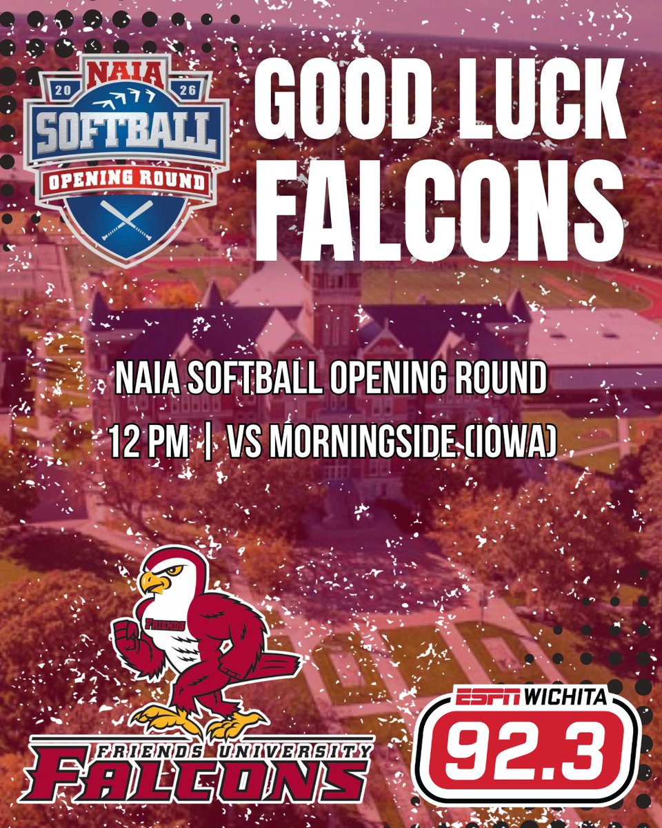 ESPNWichita's tweet photo. Good luck to @FriendsFalcons Softball as they begin action today in the NAIA Opening Round hosted by Chickasha, Oklahoma! The #Falcons take on Morningside College (Iowa) in their first matchup at Noon! #WichitasSportsLeader #BattleForTheRedBanner https://t.co/grPbuMHnHN