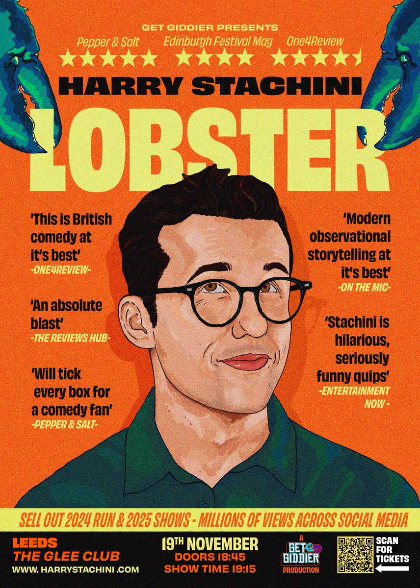 GleeClubLeeds's tweet photo. Fresh off the back of his smash-hit 2024 Edinburgh Fringe show Grenade @HStachini heads to The Glee Club Leeds on Thu 19th Nov with his brand-new show, Lobster!

Come and see Harry as he outgrows yet another shell — and brings you along for the ride

🎟️ https://t.co/buMpZkUZbQ https://t.co/rmR5MfSPza
