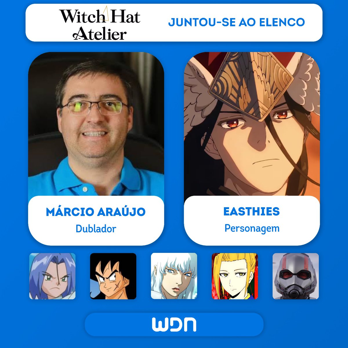wdn_br's tweet photo. 🪄 Novos dubladores juntam-se ao elenco de 'Witch Hat Atelier'

• Márcio Araújo como Easthies
• Cauê Enzo como Custas https://t.co/f7PXFo7jpu