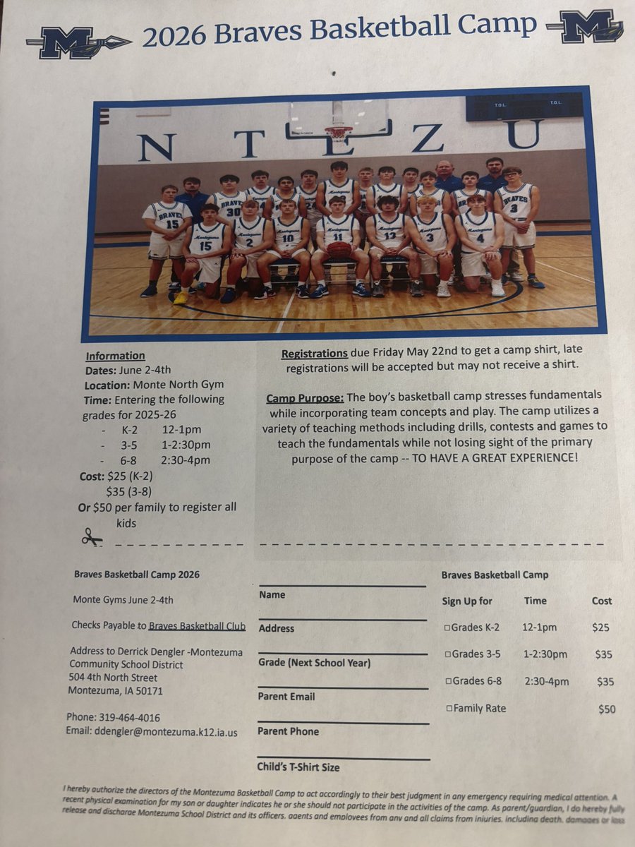 MonteBravesBB's tweet photo. Braves Basketball youth camp flyers being sent out this week! Let Coach Dengler know if you have any questions. https://t.co/OuyaP8zQyc