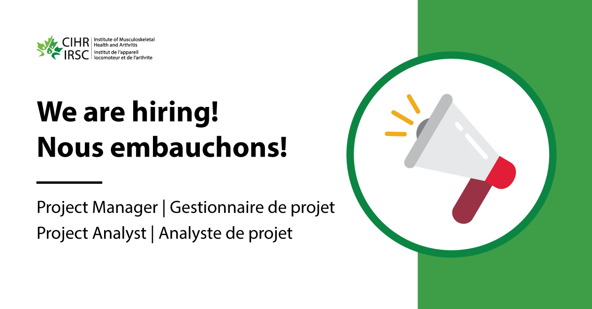 CIHR_IMHA's tweet photo. CIHR Institute of Musculoskeletal Health and Arthritis (IMHA) is hiring! CIHR IMHA is seeking a Project Manager and Project Analyst to support the initiatives and activities of our institute.

💼Project Manager: https://t.co/Byrn1E6r8K

💼Project Analyst: https://t.co/76PlgV1OxF https://t.co/KdRqybfeOC