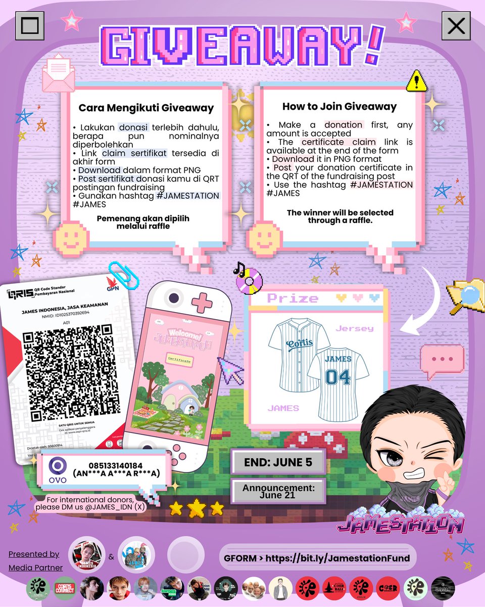 cortisconnect's tweet photo. [MEDIA PARTNER]
🎮💜 GIVEAWAY 💜🎮

Hi Coers! Let’s join the JAMESTATION giveaway ✨ By making any donation amount, you can enter the raffle 🤍

🗓️ End: June 5, 2026
📢 June 21, 2026
🔗 https://t.co/KuIJ6lJzYR

Check the poster for more details ✨
#JAMESTATION #JAMES #제임스 #赵雨凡