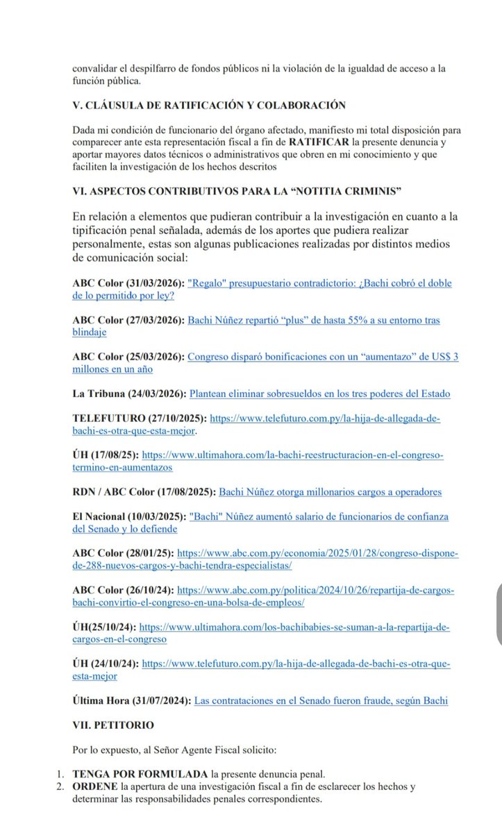 PRESENTAN DENUNCIAN PENAL CONTRA EL PDTE DEL SENADO POR PRESUNTA LESION DE CONFIANZA La nota fue presentada por el funcionario del Congreso, Francisco Rubén Penayo Almada, quien cita en el escrito los presuntos actos delicuenciales del senador Basilio Núñez.