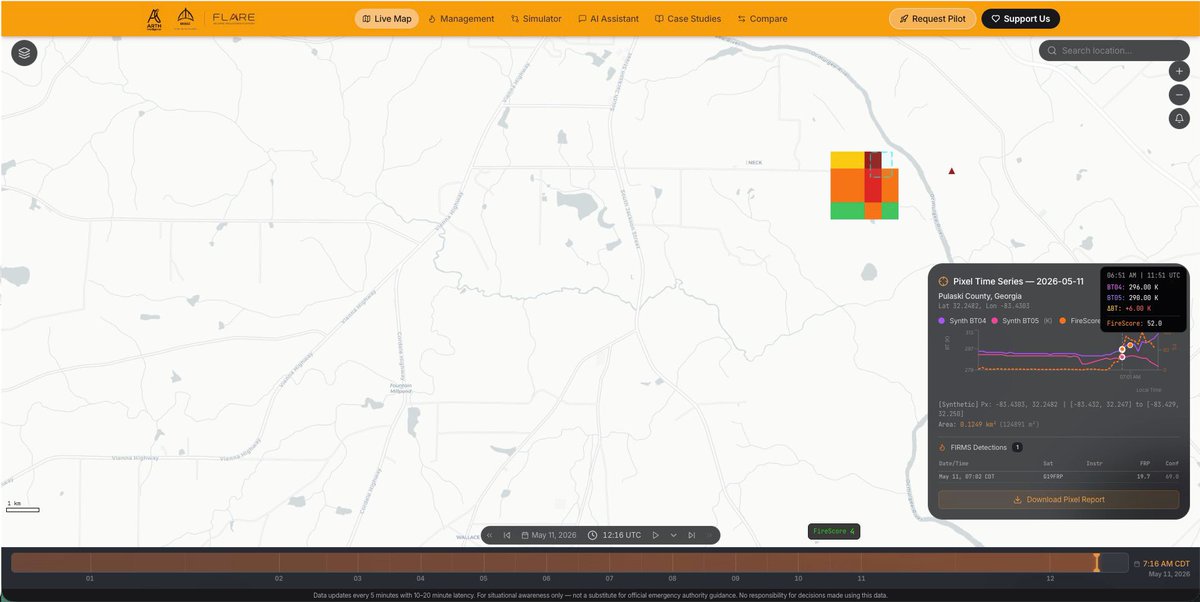 bridge_rpf's tweet photo. FLARE is actively monitoring a thermal anomaly in Pulaski County, Georgia (Lat 32.2482, Lon -83.4303).

Our FireScore began trending upward at 6:51 AM CDT, to 52 — flagged in real time and confirmed by FIRMS detection data.

P.S: At the time of posting this, FireScore went to 80. https://t.co/mMILdcGNx4