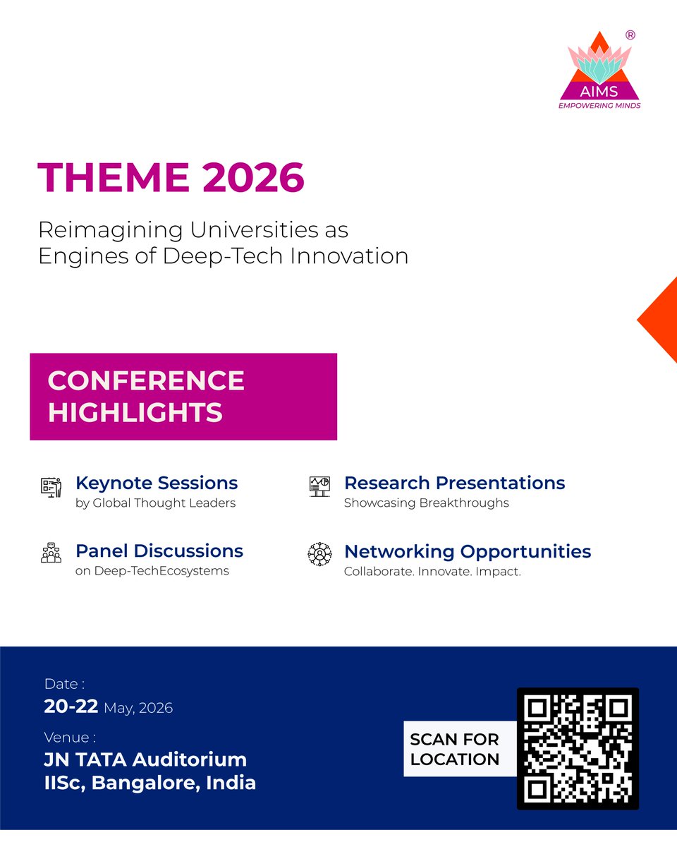 AIMSinstitutes's tweet photo. AIMS Institutes is proud to co-host a global Deep-Tech conference with IISc &amp; University of Adelaide.

20–22 May 2026 | IISc Bangalore
https://t.co/pMGqK9qo5z

#aimsinstitutes #deeptech https://t.co/f9S7gECfsx