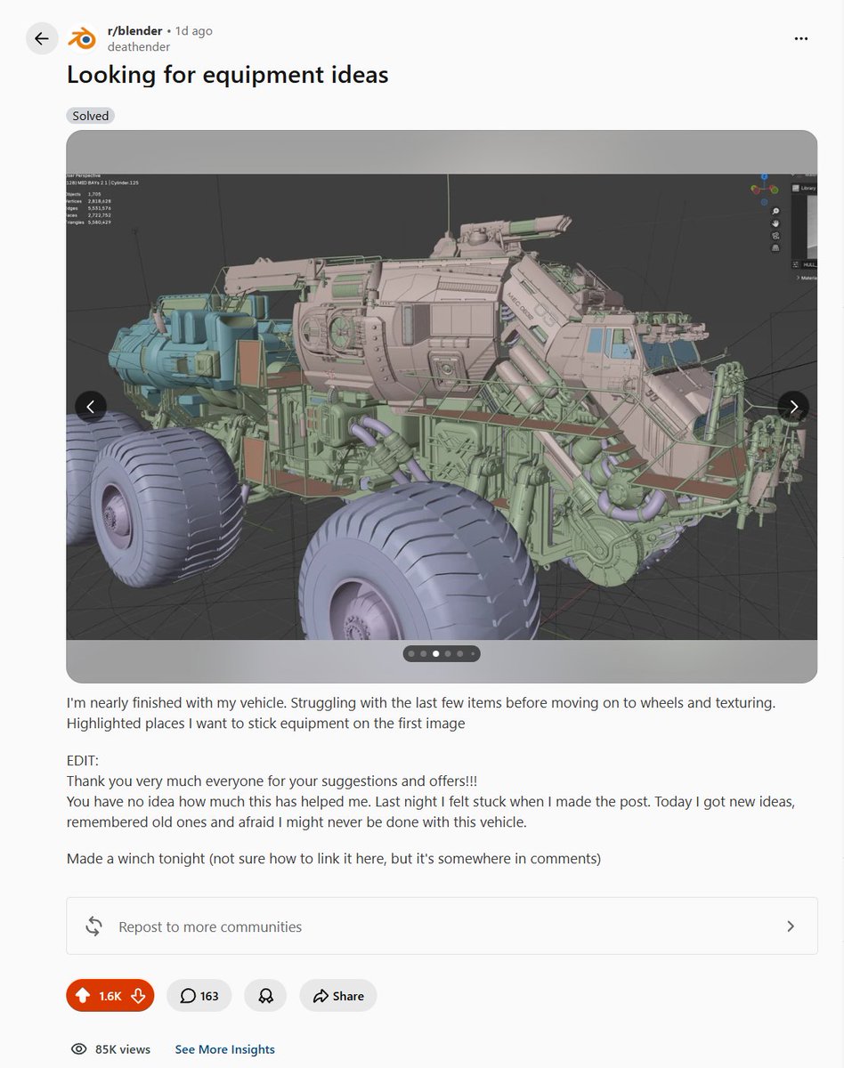 AKantemirov's tweet photo. I got to say HUGE thanks to blender community on reddit !  In a day I went from feeling burned out and out of ideas to researching and picking what I want to attach next on my vehicle.   So many great, in-depth suggestions, offers and ideas!!!  

So far I just built a winch, but I got everything I need now, I think.  Now back to blender!

#blender #reddit #hardsurfacemodeling #space #vehicledesign #starcitizen #concept
