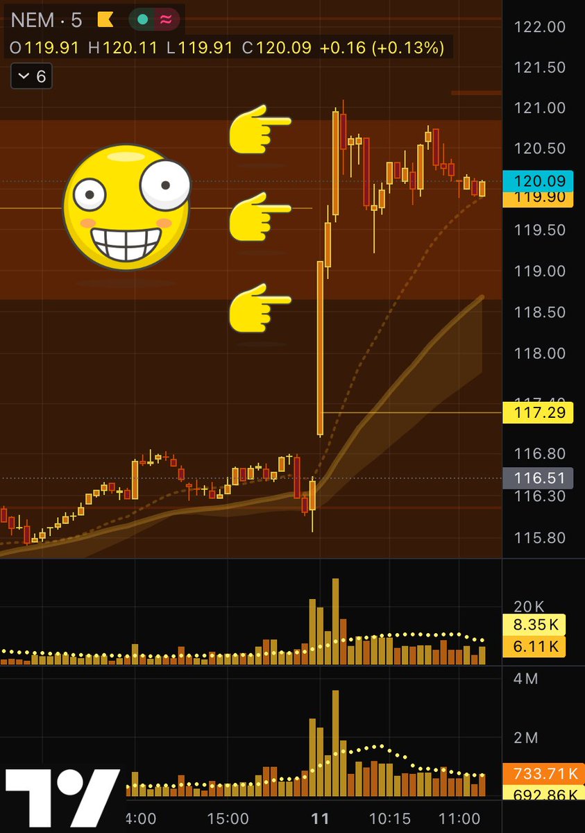 GoldGrumpGranpa's tweet photo. Zoom in on the 5-minute #NEM chart, paying homage to the overlapping day-after-earnings ranges and to Thursday’s high at 119.76.😌
You can always obsess over shorter timeframes, as I said.😂
#Newmont #mining #gold #silver #GDX #GoldMiners https://t.co/Yve5aVN18q