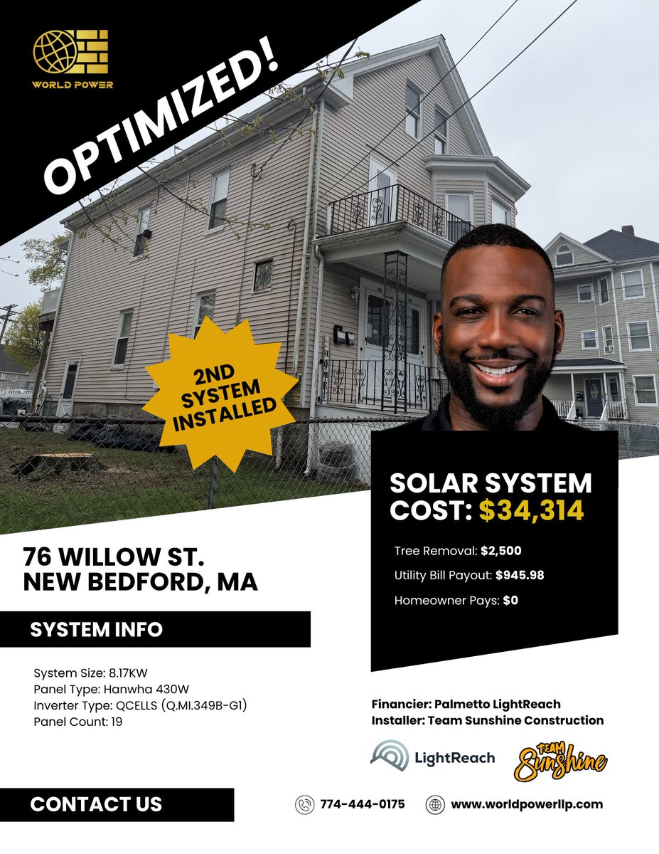iamChiCodez's tweet photo. ⚡️ ANOTHER PROPERTY OPTIMIZED. ⚡️

76 Willow St. in New Bedford, MA is now operating on 2 fully optimized solar energy systems ☀️ https://t.co/8mylKM0yDm