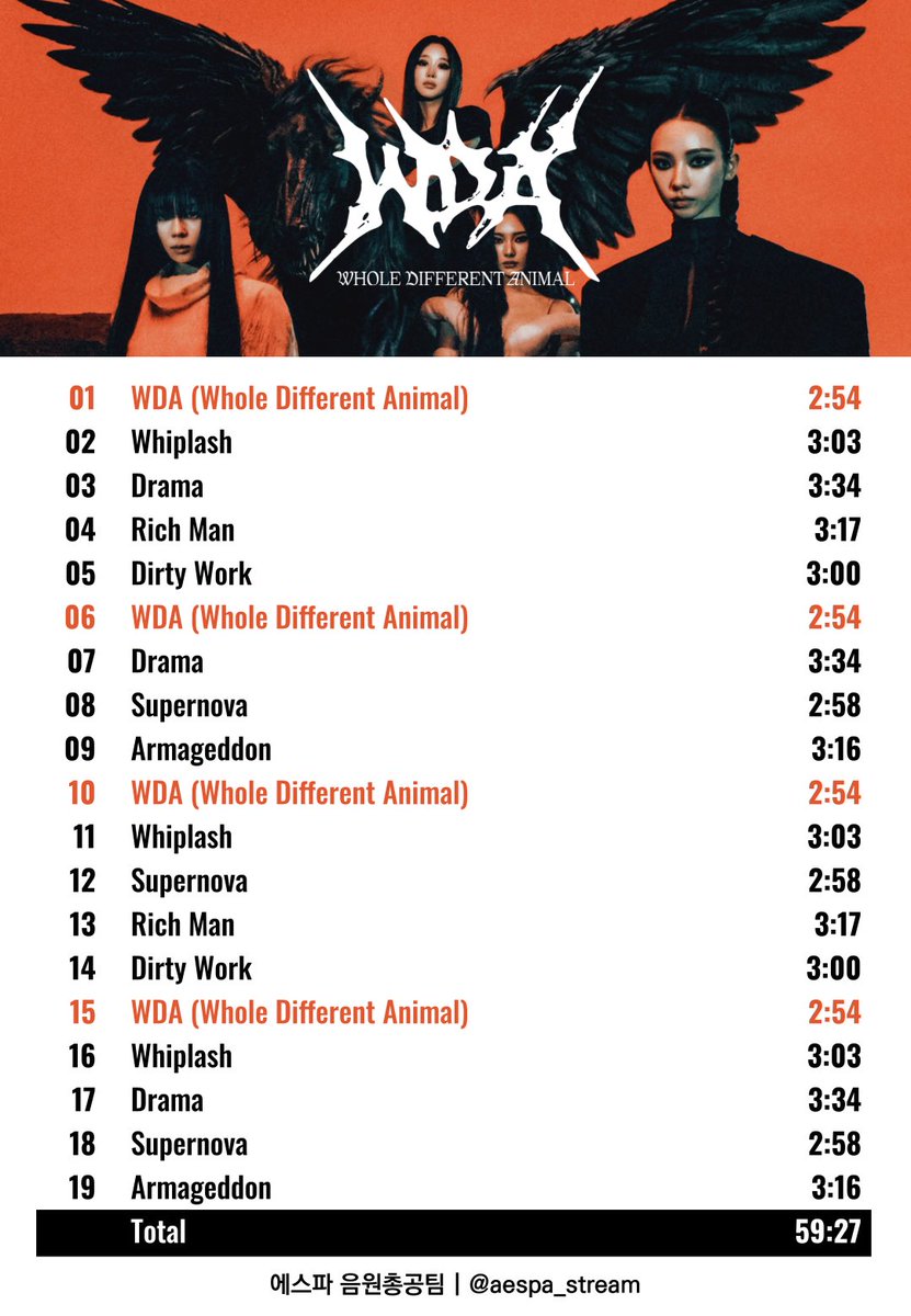 에스파 「WDA(Whole Different Animal)」 
스밍리스트 🍋 

캐싱 off 되었는지, 반복&amp;랜덤 재생이 꺼져있는지, 스밍 리스트 외의 곡이 비워져있는지 확인해주세요🖤