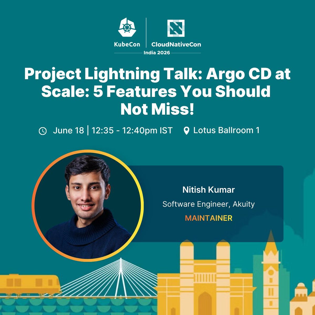 argoproj's tweet photo. ⚡ Project Lightning Talk: Argo CD at Scale: 5 Features You Should Not Miss! 
🗓 Thursday, June 18, 2026 
⏰ 12:35pm - 12:40pm IST 
📍 Lotus Ballroom 1 

Join Nitish Kumar (Akuity) to explore five powerful Argo CD features that become essential once you’re operating at scale. 

Learn more & save to your calendar: https://t.co/rn7Cx2Cceb 
Explore the full agenda: https://t.co/Ow5rSn2kEZ 

#ArgoCD #GitOps #CloudNative #Kubernetes