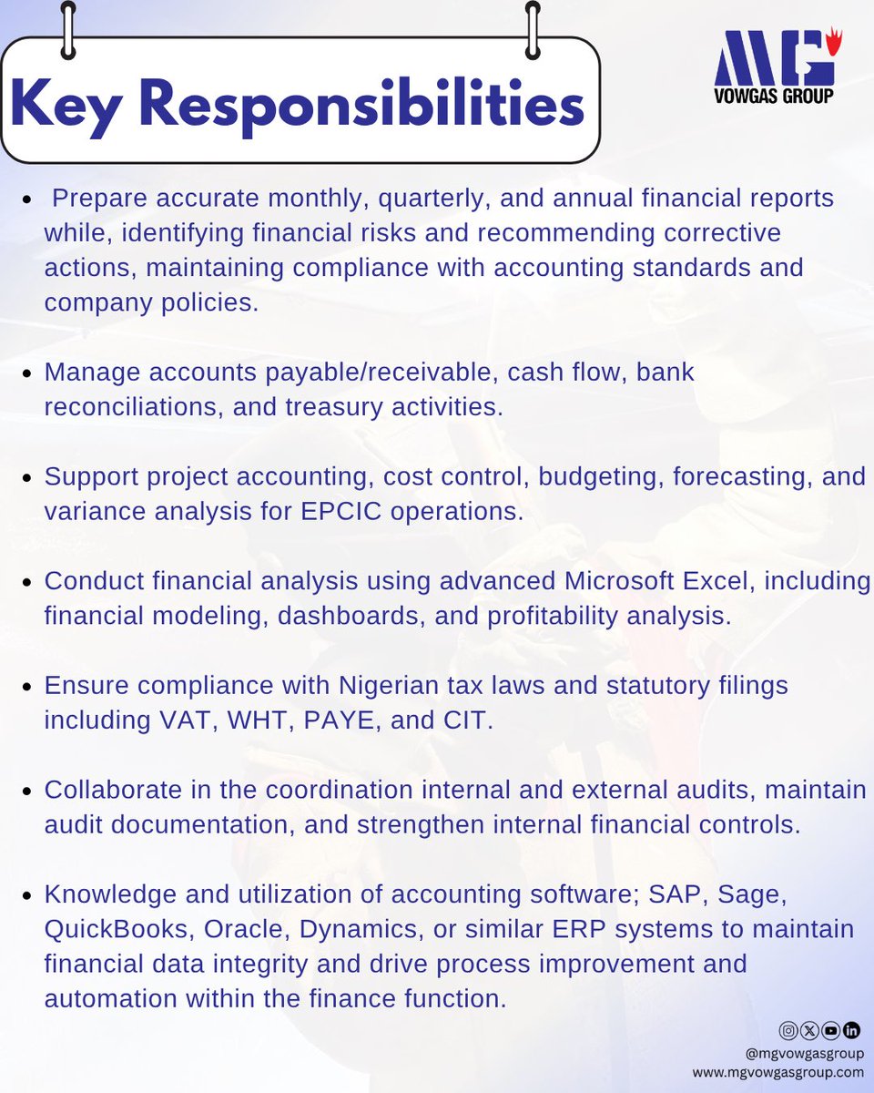 We're #hiring.
Position: Finance Officer
Interested and qualified candidates should send their CVs to careers@mgvowgasgroup.com using the job title as the subject of the mail.
Apply today or share this post with your network.
Deadline: 18th May, 2026.
Location: Port-Harcourt