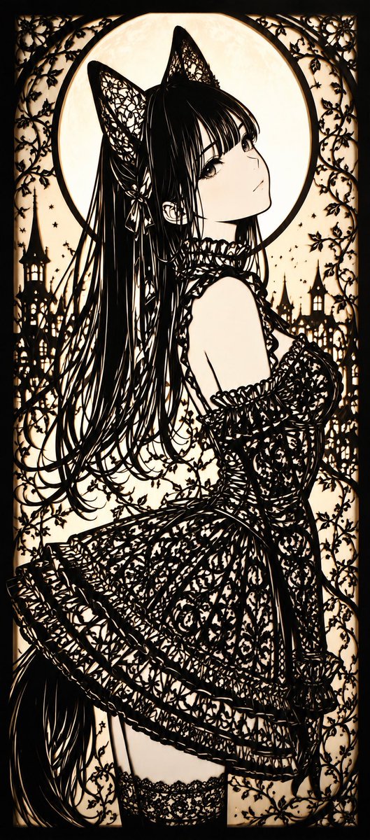 notoro_ai's tweet photo. GPT Image プロンプト:
このイラストを、精巧な紙切り絵（Scherenschnitte）スタイルで変換してください。黒い紙を細かく切り抜いたようなシャープで美しいシルエットを全体に表現し、複雑で繊細な内部の透かし模様を強調してください。
ただし、顔や肌の部分は透かし模様を控えめにしてください。髪・服・小物などの他の部分では細かく美しい透かし細工を大胆に施し、コントラストを際立たせてください。
光を後ろから優しく当てたような幻想的なシルエット表現にし、紙の端のシャープさと透けて見える光の美しさを活かしてください。全体の雰囲気はエレガントで幻想的、繊細で詩的な紙切り絵の芸術性に仕上げてください。
元のイラストの構図・キャラクターの表情・ポーズ・シルエット・主要な特徴は一切崩さず忠実に維持。