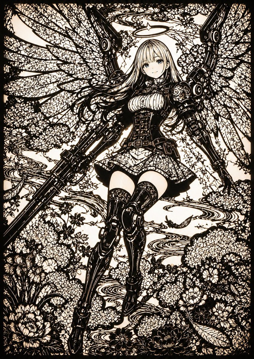 notoro_ai's tweet photo. GPT Image プロンプト:
このイラストを、精巧な紙切り絵（Scherenschnitte）スタイルで変換してください。黒い紙を細かく切り抜いたようなシャープで美しいシルエットを全体に表現し、複雑で繊細な内部の透かし模様を強調してください。
ただし、顔や肌の部分は透かし模様を控えめにしてください。髪・服・小物などの他の部分では細かく美しい透かし細工を大胆に施し、コントラストを際立たせてください。
光を後ろから優しく当てたような幻想的なシルエット表現にし、紙の端のシャープさと透けて見える光の美しさを活かしてください。全体の雰囲気はエレガントで幻想的、繊細で詩的な紙切り絵の芸術性に仕上げてください。
元のイラストの構図・キャラクターの表情・ポーズ・シルエット・主要な特徴は一切崩さず忠実に維持。