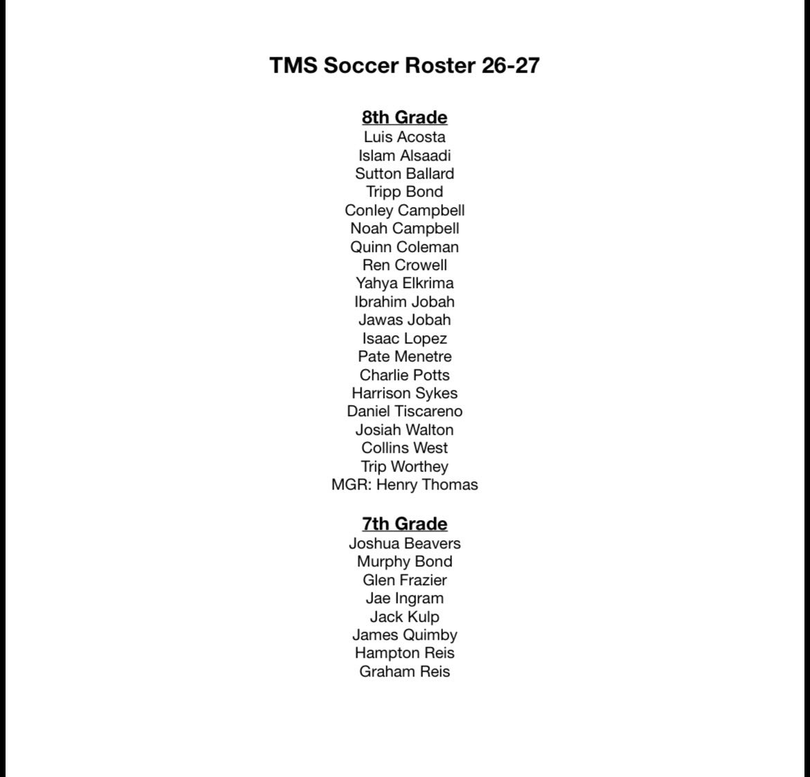 TupSoc's tweet photo. TMS 26-27 Boys Soccer Roster https://t.co/GaK5gPi4J5