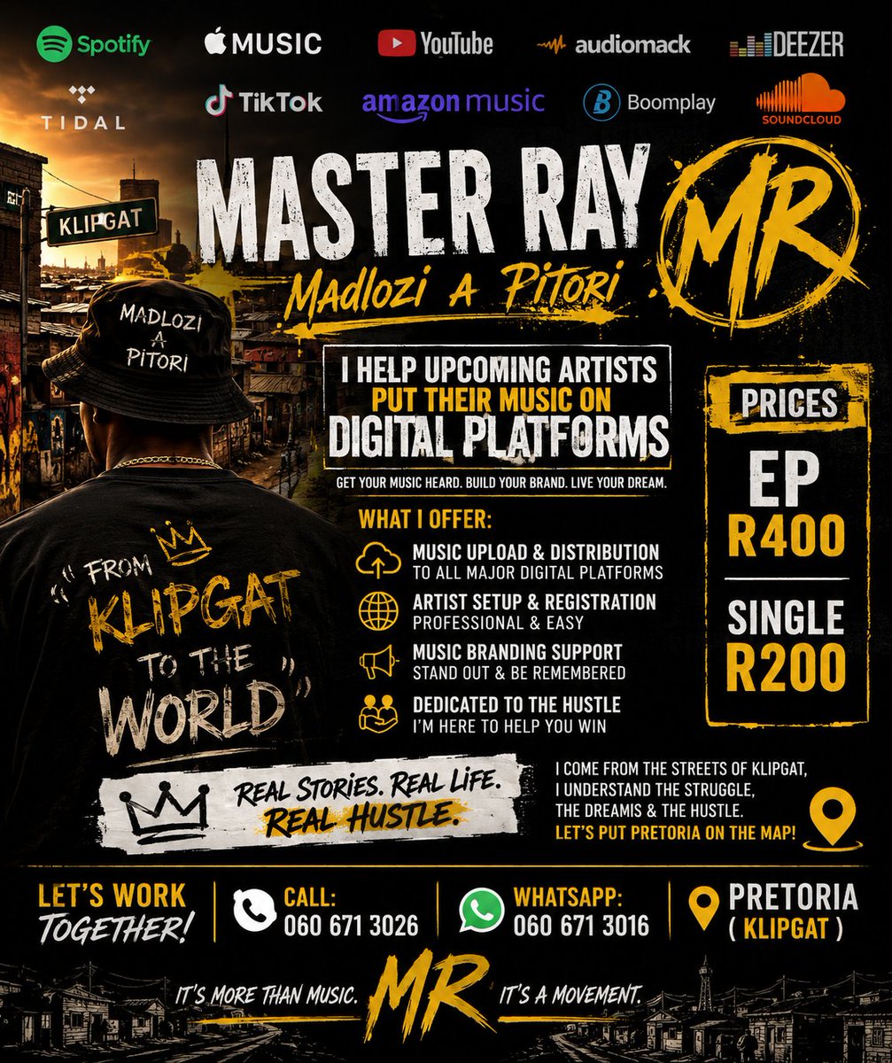 Raymond1269815's tweet photo. If you are serious about your music career and you want your songs on digital platforms like Spotify, Apple Music, TikTok, YouTube Music and more… I’m here to help 🙌
A lot of talented artists around Pretoria are struggling because they don’t know how to register https://t.co/VdPb5YitaY