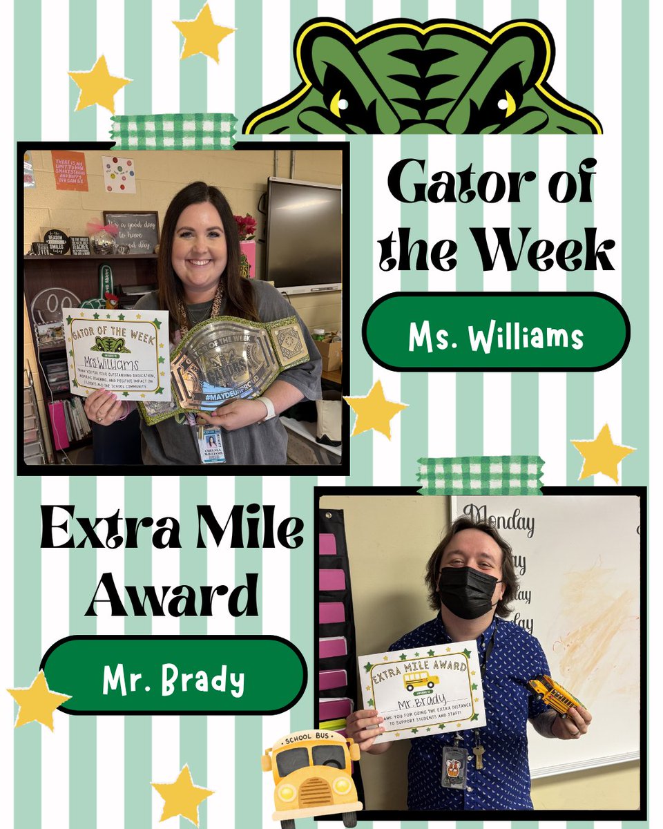 MCJHGators's tweet photo. 🐊 Shoutout to Ms. Williams for being named Gator of the Week and to Mr. Brady for going the extra mile! Your hard work, dedication, and positive impact on our campus do not go unnoticed. 💚 #GatorPride https://t.co/DTEbyNoRNP